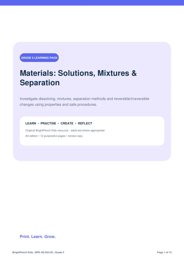 Materials: Solutions, Mixtures & Separation free printable worksheet preview