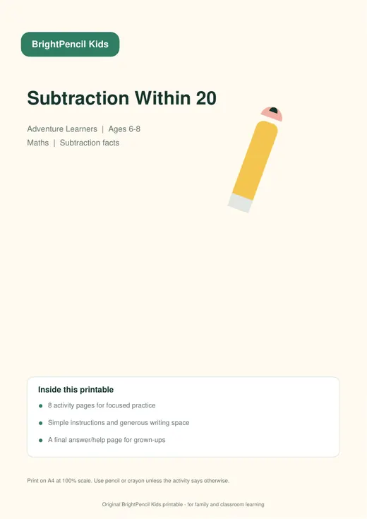 Subtraction Within 20 free printable worksheet preview