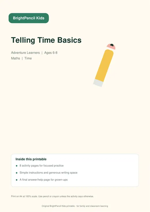 Telling Time Basics free printable worksheet preview