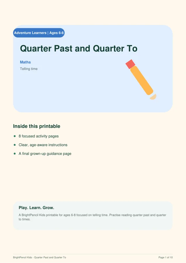 Quarter Past and Quarter To free printable worksheet preview